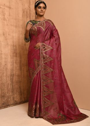 Magenta Festive Banarasi Silk Saree With Resham Work