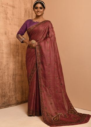 Brown Embroidered Festive Saree In Banarasi Silk