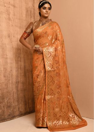 Orange Zari Woven Banarasi Silk Saree