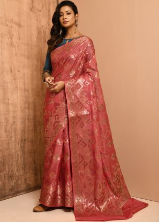 Peach Zari Woven Banarasi Silk Saree & Blouse