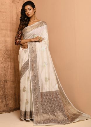 White Banarasi Silk Saree With Woven Details