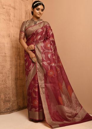 Maroon Floral Woven Saree In Banarasi Silk