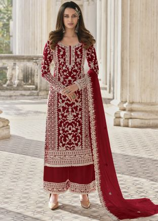 Red Dori Embroidered Palazzo Suit Set