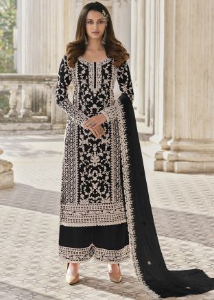 Black Net Palazzo Suit In Dori Embroidery