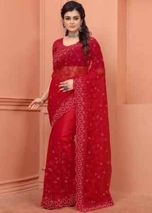 Red Resham Embroidered Saree In Net
