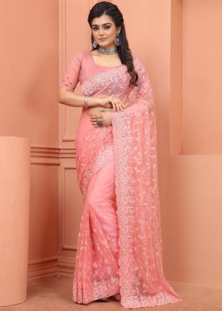 Peach Resham Embroidered Saree & Blouse