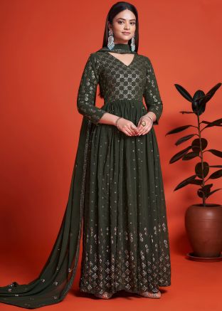 Green Embroidered Anarkali Suit & Dupatta