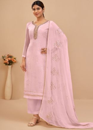 Pink Embroidered Palazzo Style Suit Set