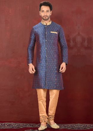 Navy Blue Art Silk Woven Kurta Churidar Set