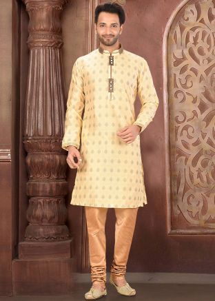 Readymade Golden Woven Kurta With Churidar