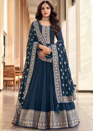 Teal Blue Embroidered Anarkali Style Suit