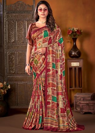 Multicolor Printed Saree With Crape Blouse