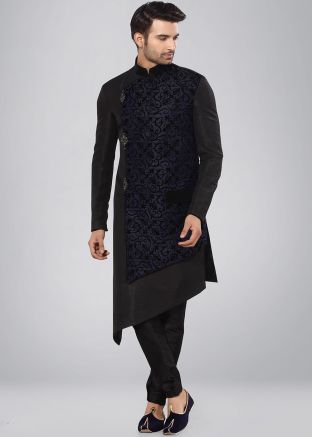 Black Readymade Asymmetric Indo Western Sherwani