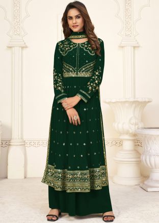 Green Zari Embroidered Palazzo Suit Set In Georgette