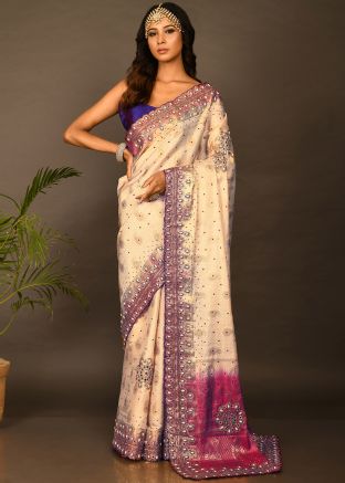 Cream Embroidered Border Kanjivaram Silk Saree
