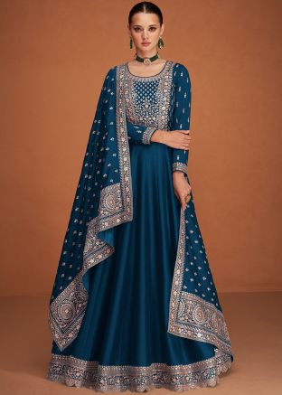 Blue Silk Embroidered Anarkali Suit