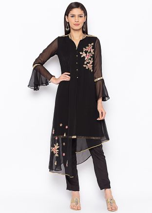 Black Asymmetric Embroidered Long Kurta