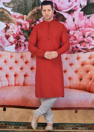 Red Printed Readymade Kurta With Churidar