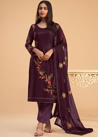 Purple Embroidered Pant Suit Set