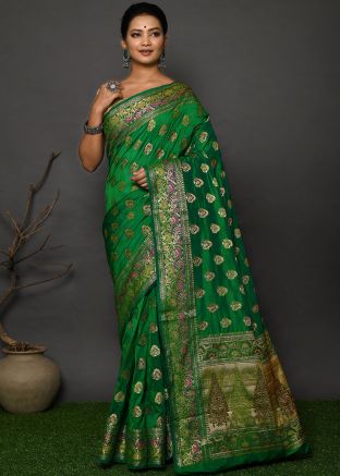 Green Woven Saree In Banarasi Silk