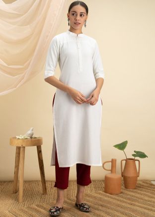 White Plain Readymade Kurta Set In Rayon