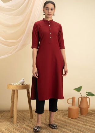 Maroon Plain Readymade Kurta Set In Rayon