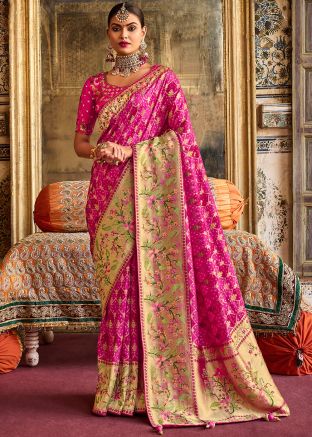 Pink Silk Bridal Saree With Zari Woven Motifs