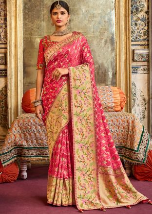 Pink Bridal Zari Woven Saree With Heavy Pallu