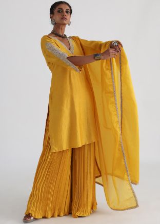Yellow Readymade Chanderi Palazzo Suit Set