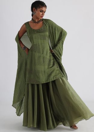 Green Beads Work Palazzo Suit Set In Linen