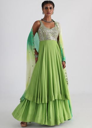 Green Anarkali Style Suit In Mirror Work