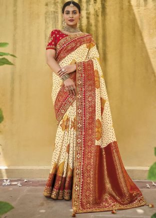 Cream Zari Woven Silk Saree With Heavy Blouse