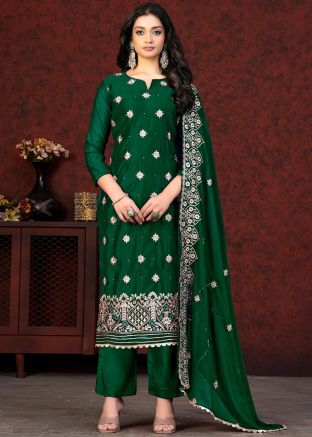 Green Stone Work Pant Suit Set In Chanderi