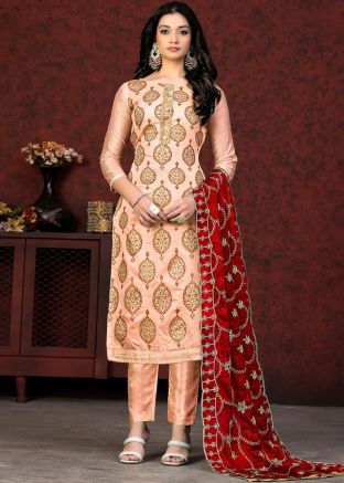 Peach Chanderi Pant Suit Set