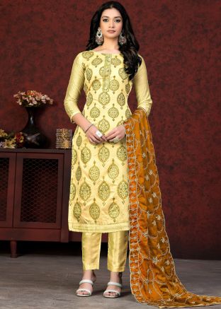 Yellow Embroidered Pant Suit Set