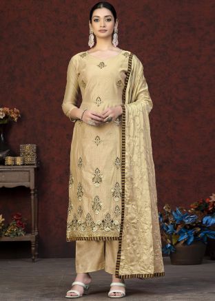 Beige Bead Work Palazzo Suit Set