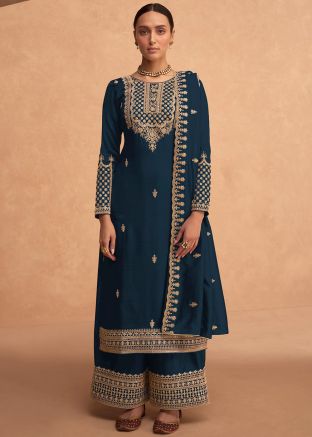Blue Embroidered Tiered Sharara Suit In Georgette