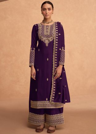 Purple Embroidered Sharara Style Suit & Dupatta
