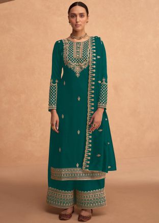 Teal Green Embroidered Sharara Suit Set In Georgette