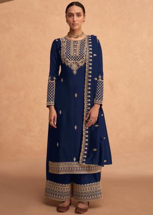 Blue Sequins Embellished Sharara Suit Set