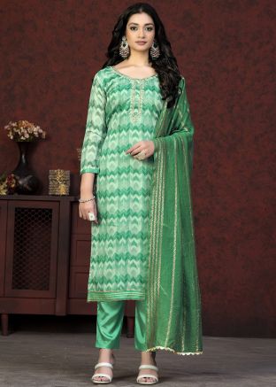 Green Embroidered Pant Suit Set In Art Silk