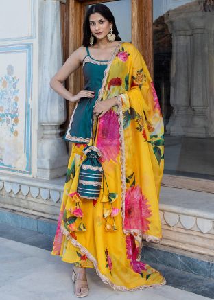 Readymade Teal Green Lace Embroidered Sharara Suit