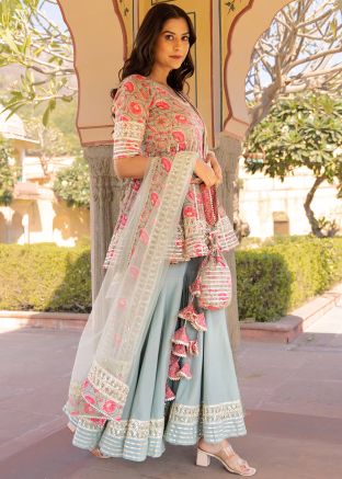 Grey Readymade Floral Printed Sharara Suit Set