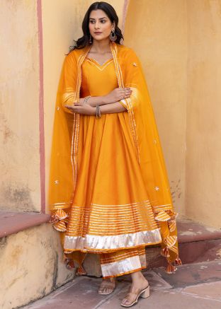 Orange Readymade Embroidered Anarkali Style Palazzo Suit