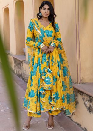 Readymade Yellow Floral Printed Cotton Anarkali Suit