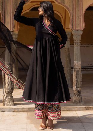 Readymade Black Laced Cotton Angrakha Style Suit