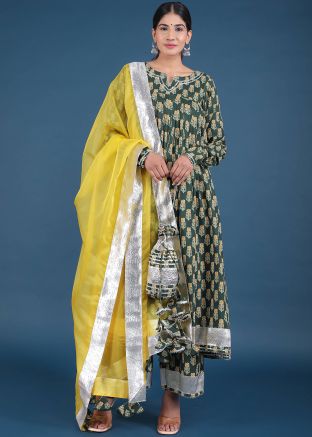 Readymade Green Block Printed Anarkali Suit