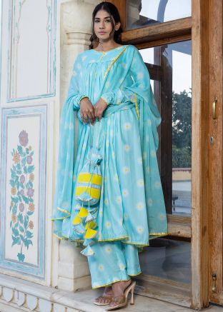 Readymade Blue Floral Printed Anarkali Suit
