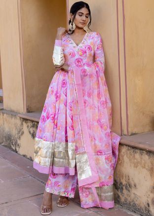 Pink Floral Printed Readymade Anarkali Suit