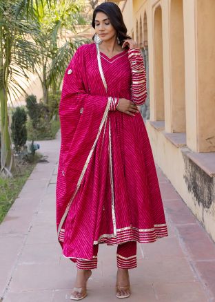 Pink Leheria Printed Readymade Anarkali Suit